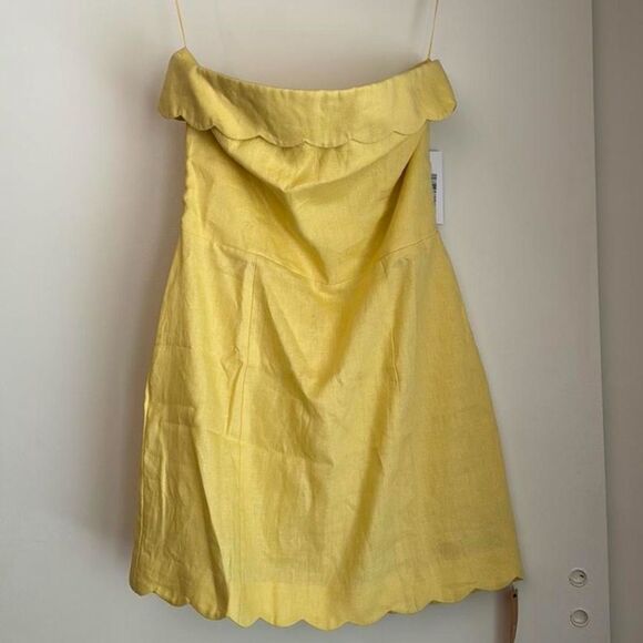 Reformation Isles Linen Mini Scallop Edge Strapless Dress Zest Yellow Sz 12 - Picture 3 of 5